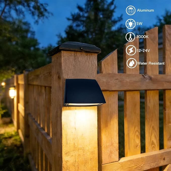 Arrownine Landscape Lighting Low Voltage Deck Lights 5W 12-24VOutdoor Waterproof Fence Post Lights for Patio Stairs Yard Railings Wall Light Warm White Black Color 2 Packs