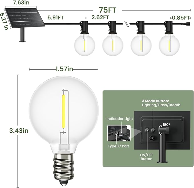 Svater Solar Outdoor String Lights 75 FT G40 Patio Lights Shatterproof Dimmable Vintage Edison Bulbs Solar Powered Weatherproof Light for Patio Backyard Garden Bistro Warm White