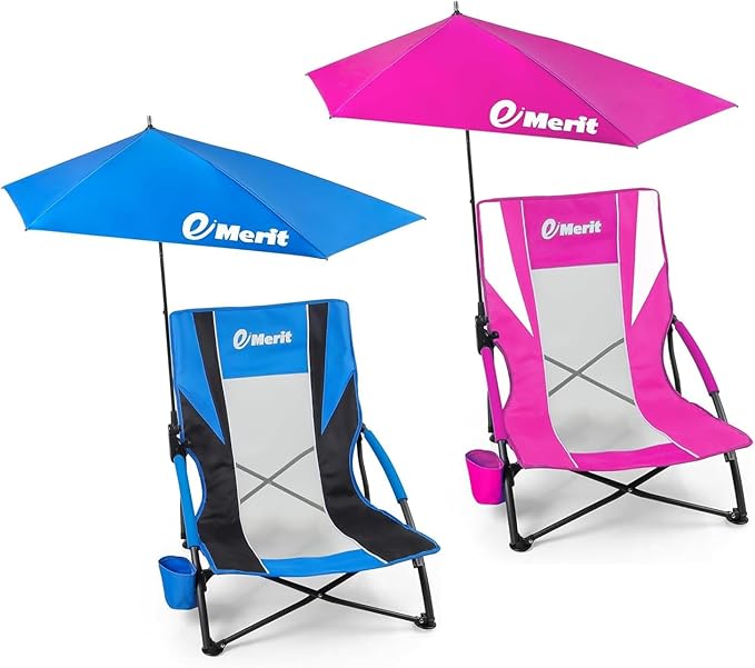 EMERIT Low Beach Chairs for Adults Sling Beach Chair with Umberalla Folding Backpack Camping Chair with Cup Holder