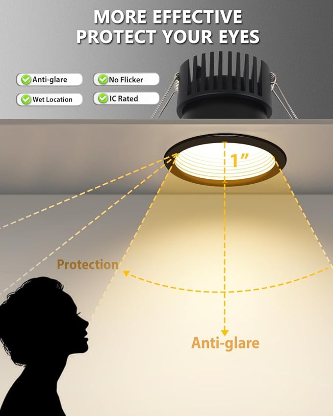 Adetu 3 Inch 5CCT Black Anti-Glare LED Downlight with Junction Box 2700K/3000K/4000K/5000K Selectable CRI90+ 12W COB 1160LM IP65 Waterproof Dimmable-ETL and Energy Star Certified (Black6 Pack)