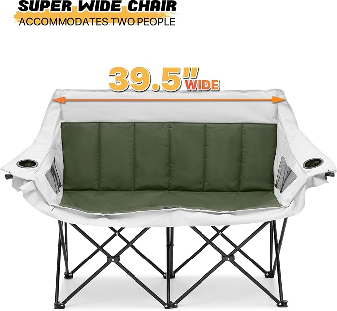 MoNiBloom Collapsible Double Camping Loveseat Chair Outdoor Beach Lawn Picnic Hiking Travel Portable Foldable Collapsible 2-Person Love Seat Camp Chair for Adults (Dark Green and Light Gray)