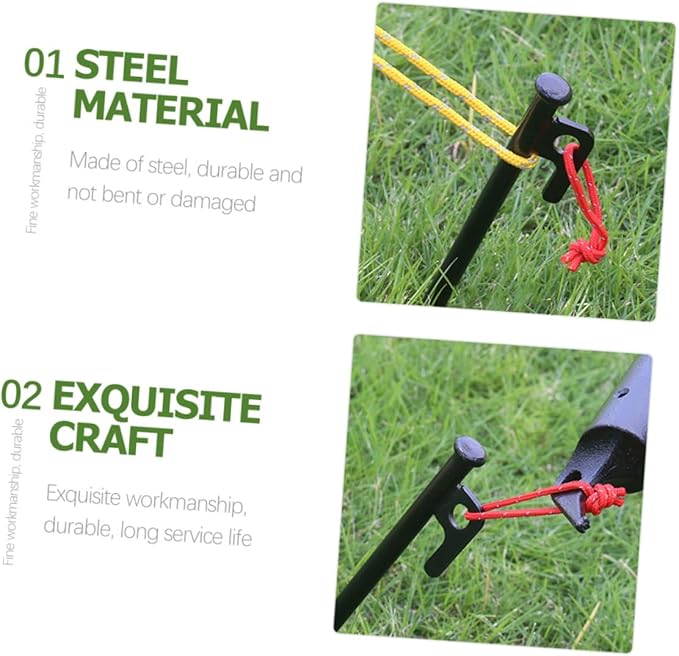 Kisangel 8pcs Heavy Duty Metal Tent Pegs with Rope 30cm Black Ground Stakes Set for Outdoor Camping Tarp Fixing and Windproof Tent Anchors with Storage Bag