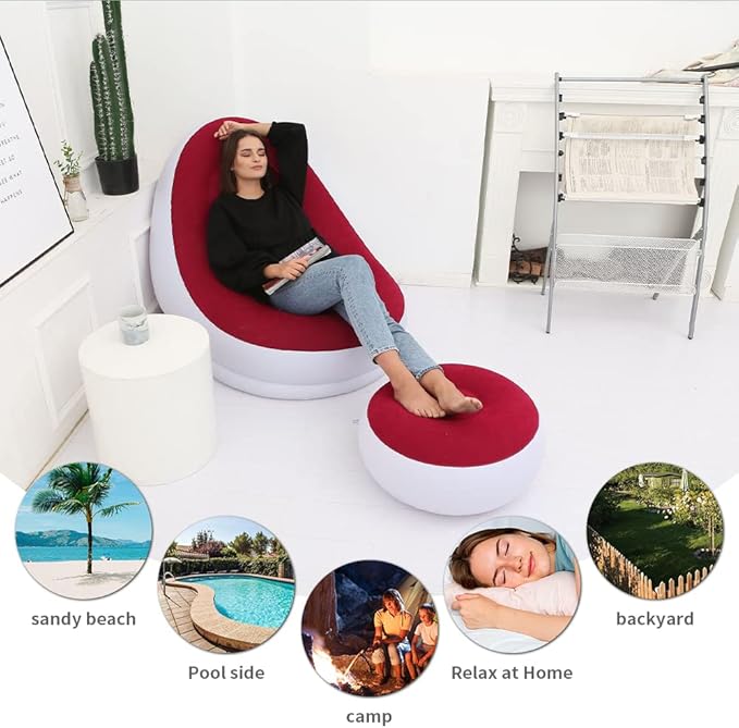 STARBRILLIANT Inflatable Living Room Furniture PVC Chair Indoor Foldable Deck Chaise Lounges with Air Pump Travel Camping Picnic Beach Chair(Red)