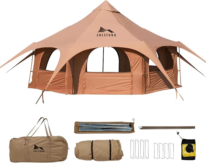SOLSTUKU 4 Season Canvas Bell Tent 270 sq ft 9.8 ft Peak Height 10 Person Free Standing Zipper Closure Compact Style Camping &amp Hiking Family Camping Cold-Weather Outdoor Activities