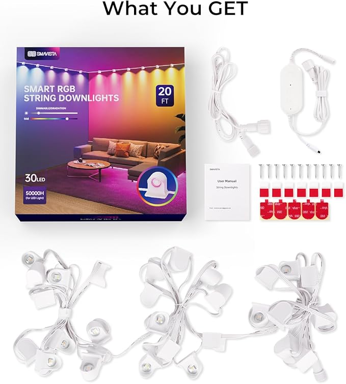 Smart RGBW+IC String Downlights 20ft with 30 LED String Lights 111 Scene Modes Music Sync Color Changing Indoor Wall Light Fixture for Party Christmas Birthday APP/Voice/Remote Control