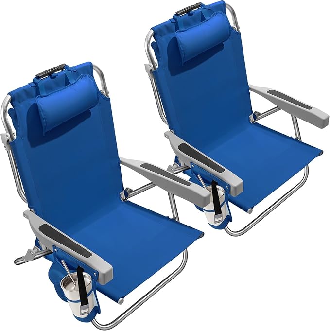 5-Position Aluminum Lay Flat Backpack Beach Chair 2 Pack Compact Portable Low Beach Chairs for Adults Beach Chair with Cooler Pouch Storage Pouch Towel Bar Cup Holder Navy