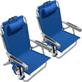 5-Position Aluminum Lay Flat Backpack Beach Chair 2 Pack Compact Portable Low Beach Chairs for Adults Beach Chair with Cooler Pouch Storage Pouch Towel Bar Cup Holder Navy