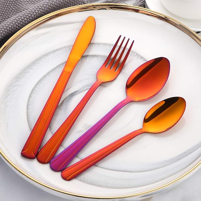 Buyer Star 24-Piece Rainbow Red Silverware Flatware Set Stainless Steel Travel Eating Utensil for Picnic Camping Service for 6 Dishwasher Safe