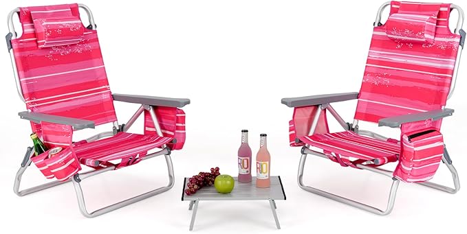Giantex Folding Beach Chair Patio Sling Chairs with 5 Adjustable Position Head Pillow Storage Bag Towel Bar Cup Holders Backpack Chairs for Sunbathing Camping Chair