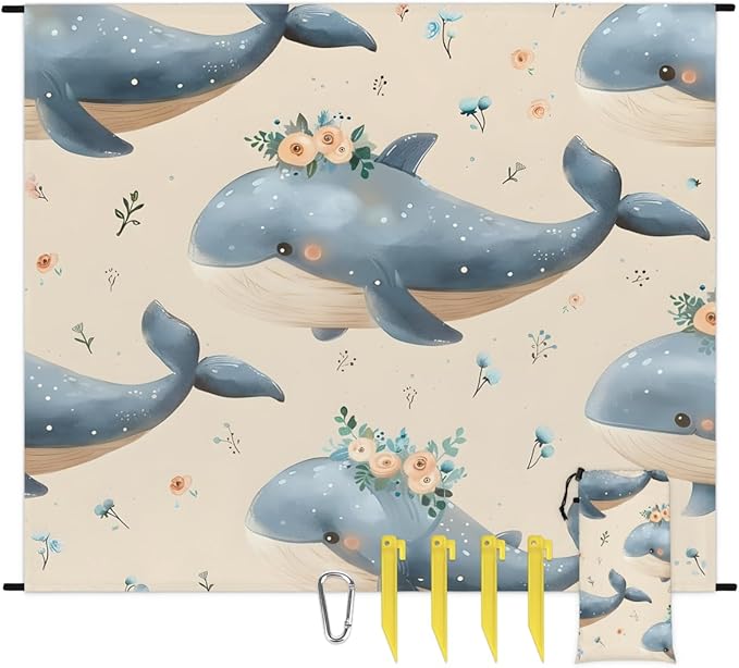 Waterproof Sandproof Beach Blanket 59''×68'' Ocean Whales Polyester Outdoor Picnic Blanket with 4 Stakes &amp Storage Bag for BeachCampingVacation Beige