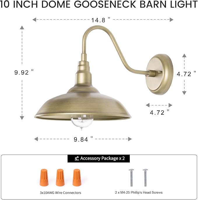 Brass Outdoor Gooseneck Light 10'' Diameter Gooseneck Barn Wall Sconce for Porch Exterior Waterproof Farmhouse Light Fixture with Wall Mount 2 Pack LM2201-GL-2P