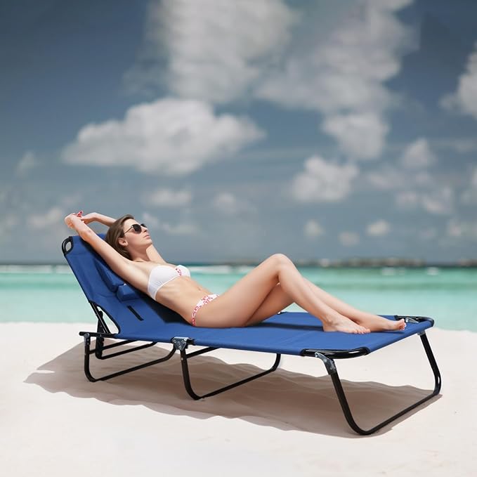 Adult Foldable Camping Cot with Reclining Folding Chaise Design Heavy Duty Lounger Chair for Indoor Outdoor Use Adjustable Height Bed with Face Hole &amp Detachable Pillow Blue