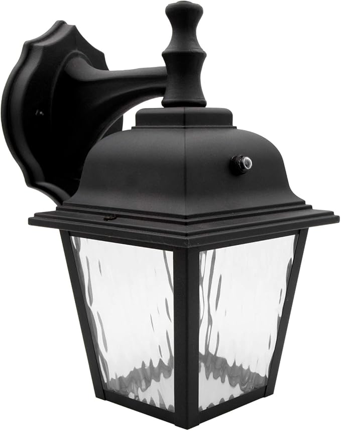 Maxxima LED Porch Lantern Outdoor Wall Light Fixture - Black Clear Water Glass Photocell Sensor 875 Lumens 3000K Warm White Dusk to Dawn Light Sensor Exterior Decorative Light