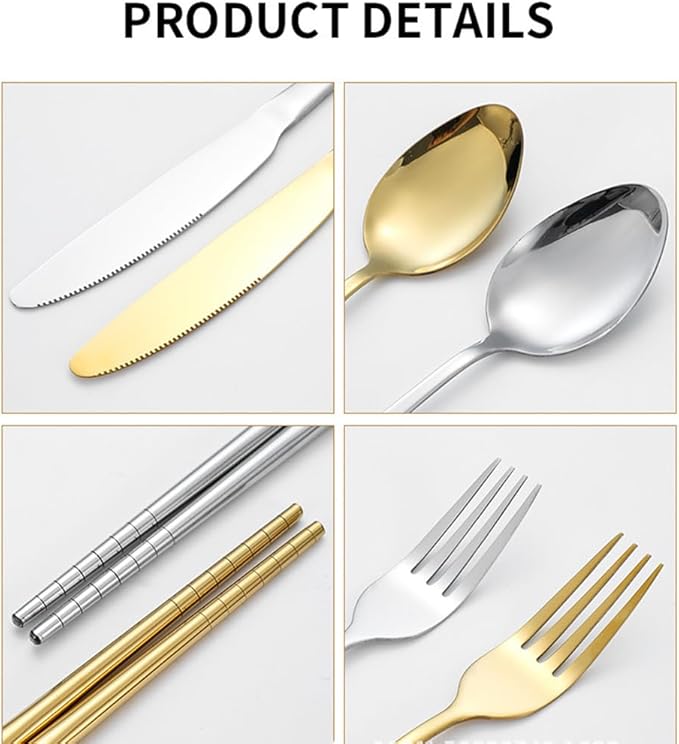 Stainless Steel Outdoor Camping Mess Kits Includes Forks Spoons Knives Food Clip Plates - Portable Cutlery BagGold