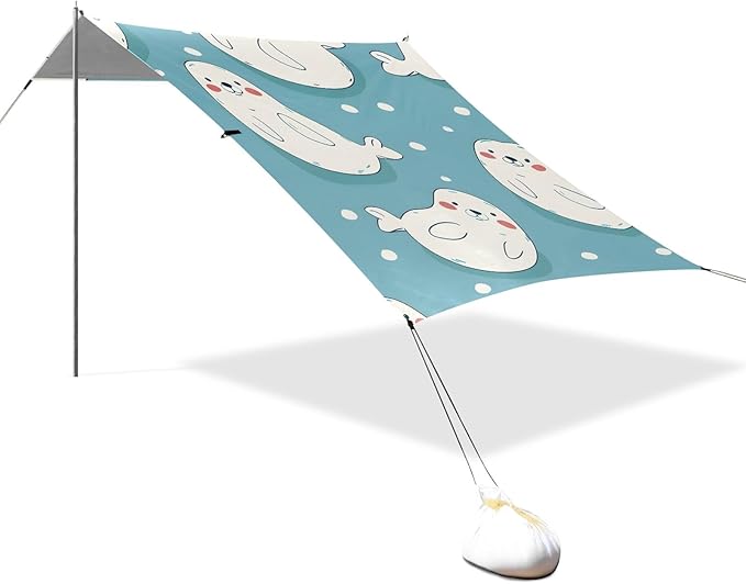 Cute Cartoon Seal Seamless Picture Camping Sun Shelter Beach Tent Portable Beach Sun Shade Outdoor Canopy for Camping Trips Fishing Picnic