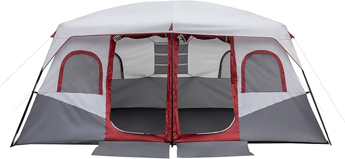 10-Person Family Cabin Tent 2-Room 405×305×200cm Waterproof 190T PU Oxford Fabric Tent with Adjustable Ventilation for Camping Hiking (Red &amp Gray &amp White)