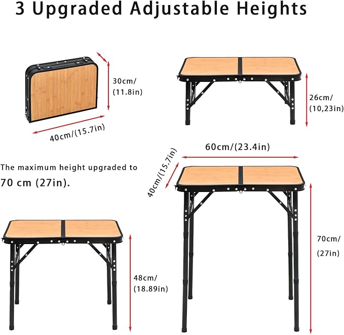 Portable Folding Camping Table 2ft - Anti-Stain Adjustable Height Lightweight with Detachable Handle Thickened Aluminum Frame &amp Double for Outdoor RV/Camping/Beach &amp Indoor Kids Snack Table