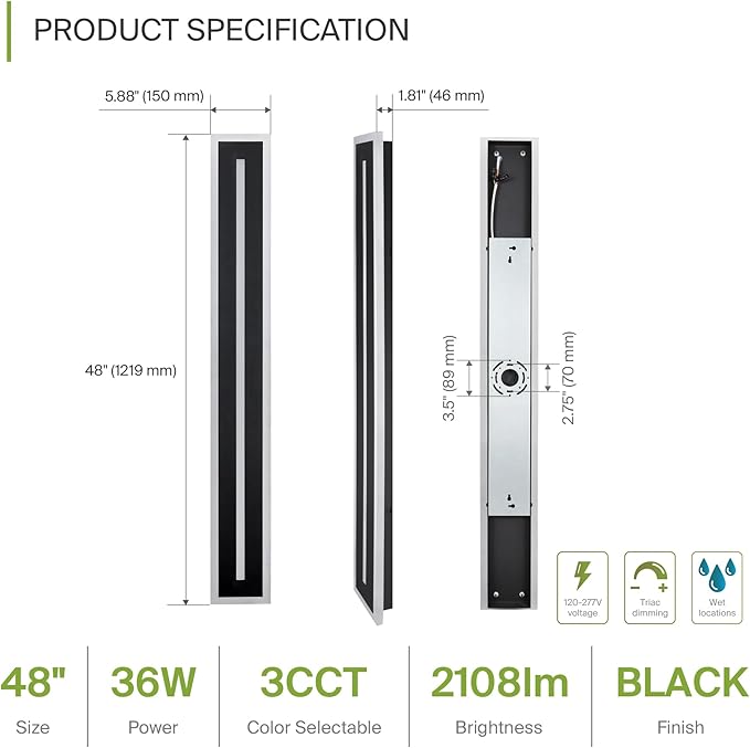 ASD LED 48 Long Wall Mount Light Fixture Outdoor &amp Indoor Linear Sconce | 3CCT Dimmable Waterproof Anti-Rust ETL Listed | 36W 2100LM 3000-5000K 100-277V | Exterior Porch Lighting | Black