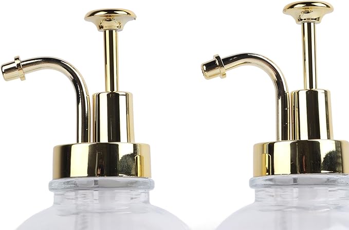 Fydun 2PCS Glass Syrup Pump Dispensers with 9 Labels and Silicone Funnel - Elegant Bar Accessory for Coffee Oils and Dressings - 500ml Acity - Gold Finish