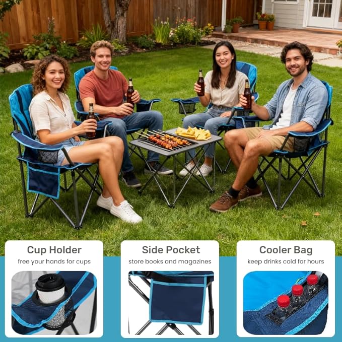 FAIR WIND Heavy Duty Camping Chair Oversized Padded Folding Chair for Big and Tall (450lbs) Extra Wide Seat with Integrated Cooler &amp Storage Pocket Adjustable Lumbar Support for Outdoor