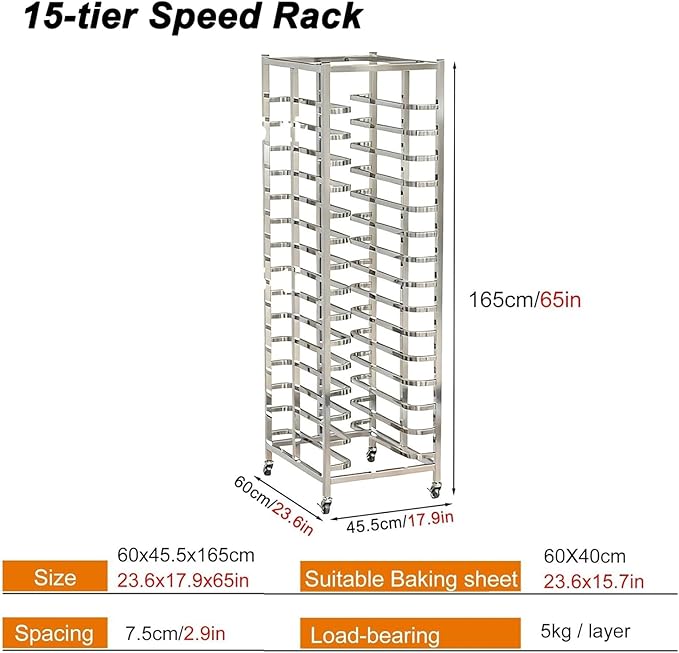 15-Tier Speed Rack for Sheet Pan Commercial Food Storage Cart for Pastry Display with Locking Wheels