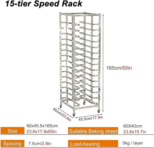 15-Tier Speed Rack for Sheet Pan Commercial Food Storage Cart for Pastry Display with Locking Wheels