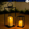 Set of 2 Large Solar Lanterns Outdoor Lighting 18 &amp 11 Inch - Black Metal Waterproof for Porch Patio Garden Decor Farmhouse Style All Year Round with Solar Candles