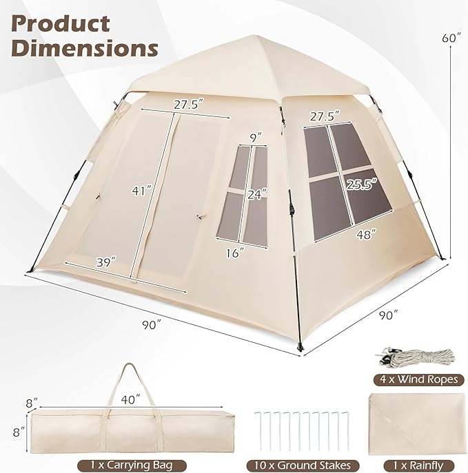 Goplus 4 Person Camping Tent Portable Automatic Easy Setup Cabin Tent with Rainfly Mesh Windows 2 Doors &amp Carrying Bag Lightweight Outdoor Sun Shelter for Hiking Traveling Picnic