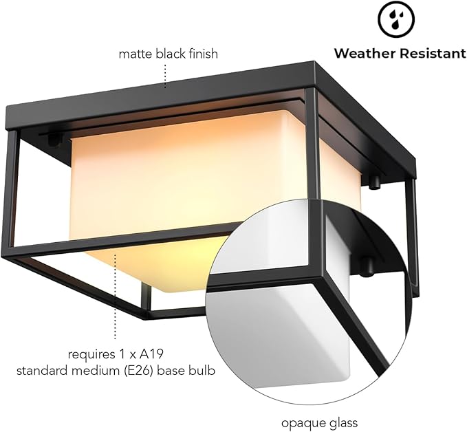GLOBE Electric 60000164 1-Light Outdoor Flush Mount Matte Black Frosted Glass