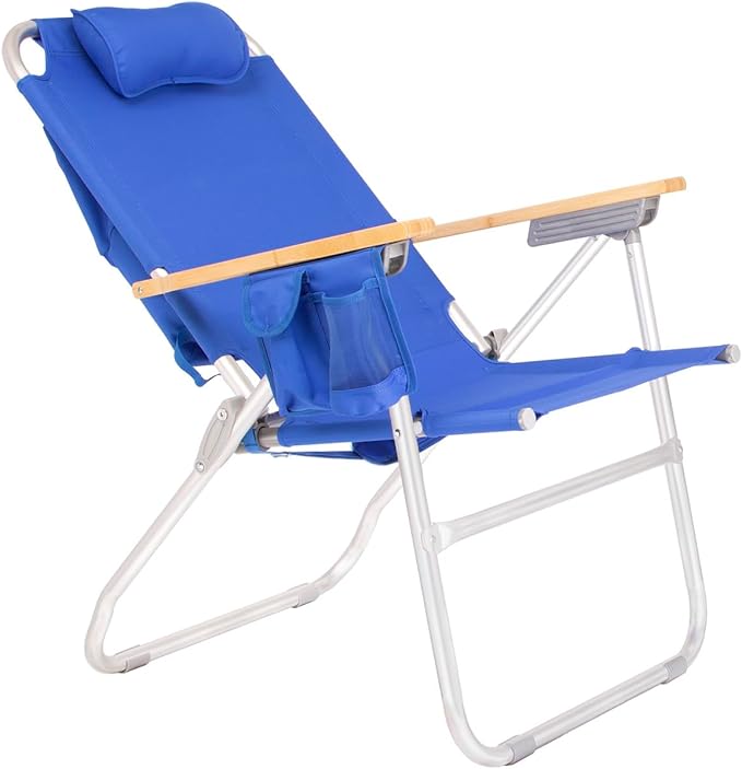 Heavy Duty Tall Beach Chair for Adults 17 High Off Ground 4-Position Reclining Insulated Cooler &amp Storage Pouch Bamboo-Finish Arms 300 lb Capacity
