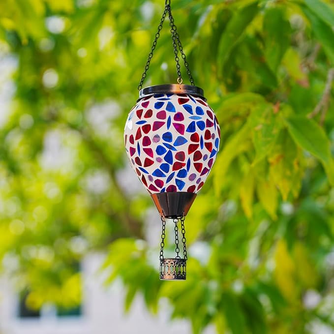 Mosica Hot Air Balloon Solar Lantern Glass Hanging Solars Lanterns Outdoor Waterproof Decorative Solar Light for Garden Yard Patio Decor(Butterfly Pattern)