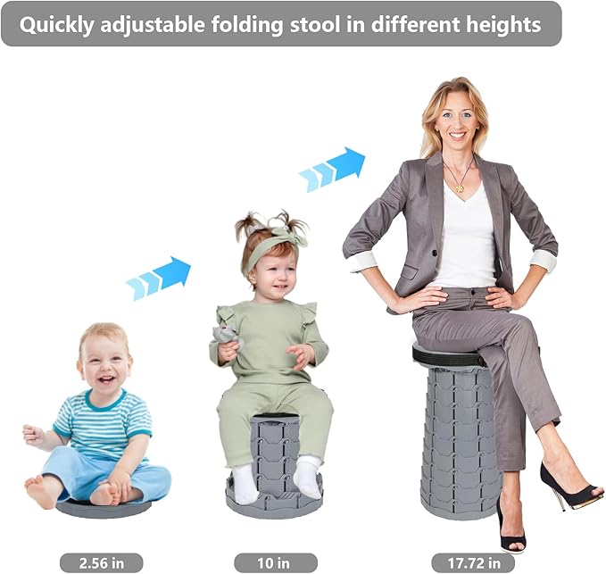 Upgraded Collapsible Stool 450LBS - Adjustable Height (2.5-18) Portable Telescoping Seat for Camping Hiking Indoor Office (Light Gray)