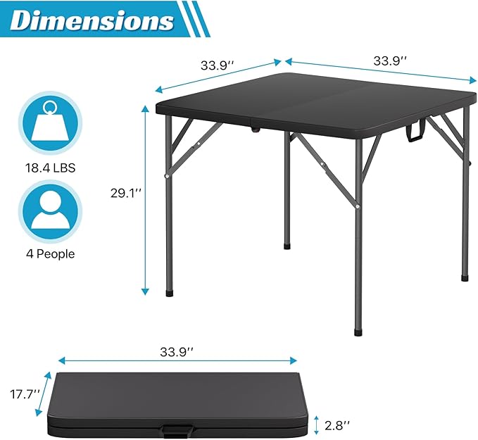 34 Square Folding Plastic Table - Portable Fold-in-Half Utility Dining Party Table with Carrying Handle No Assembly Required for Indoor/Outdoor Wedding Picnic Camping Black