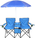 Outvita Folding Double Camping Chair w/Umbrella Beverage Holder Carrying Bag Cooler Fold Up Table Large Bearing Capacity for Beach Patio Pool Park Outdoor Blue