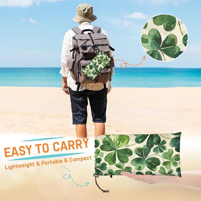 Waterproof Sandproof Beach Blanket 59''×68'' Four-Leaf Clover Polyester Outdoor Picnic Blanket with 4 Stakes &amp Storage Bag for BeachCampingVacation Greener