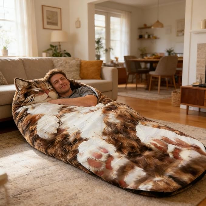 Adult Soft Sleeping Bag – Plush Cat Envelope Sleeping Bag for Camping Sleepovers &amp Home Lounging Washable Warm Blanket 68.9x31.5