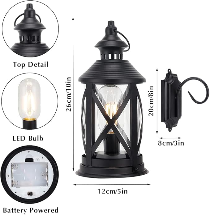 TRIROCKS Battery Powered Metal Lamp 10'' Tall Decorative Cordless Table Lamps LED Edison Lights Hanging Lamps with Metal Hook for Home Decor Patio Garden Wedding Parties Indoor Outdoor(Black)