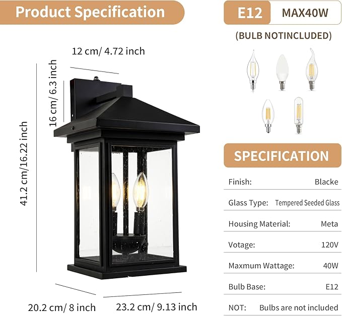 Dusk to Dawn Outdoor Wall Lantern Exterior Wall Sconce Fixture with Tempered Clear Seeded Glass Matte Black Finish for Outdoors (Large Wall Mount)