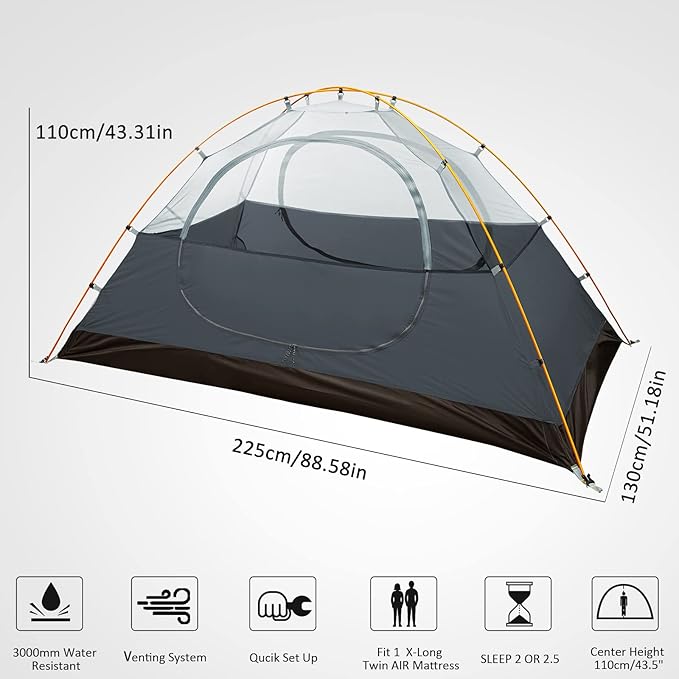 Bessport Camping Tent 1/2 Person Tent Waterproof Two Doors Backpacking Tent Easy Setup Lightweight for Outdoor Hiking Mountaineering Travel