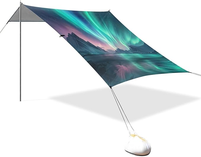 Aurora Borealis Pattern Beach Tent Sun Shelter 9.2' x 10.5' Beach Canopy with 4 Sandbags 4 Stability Poles Sand Shovels - Tent Canopy for Beach Camping Fishing Picnics