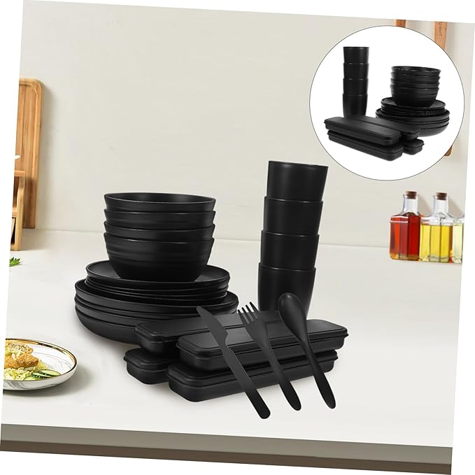 4sets Black Picnic Camping Utensil Set Cutlery Case Bowl Plate Cup Rv Dishes Dish