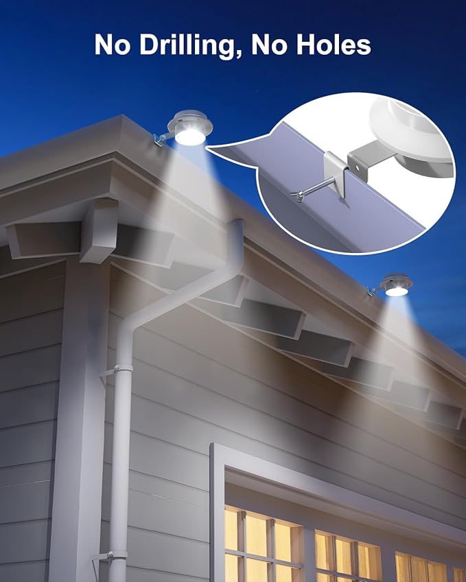 8 Pack White Solar Powered Gutter Lights Outdoor Decorative Waterproof Led Fence Lamp for Lighting Railing Outside Wall Deck Garden Path Backyard Sidewalk Yard Patio No Drilling Installation