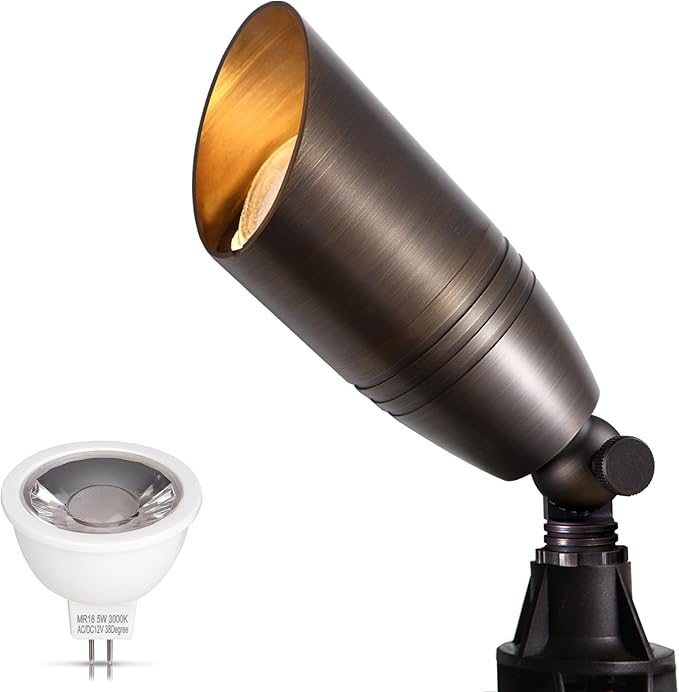 Gardencoin Solid Brass Outdoor Landscape Spotlight 12V LED Low Voltage Spot Light for Garden and Yard Uplighting Bronze Heavy Duty Accent Lighting Fixture with 2700K Bulb (Classic Single)