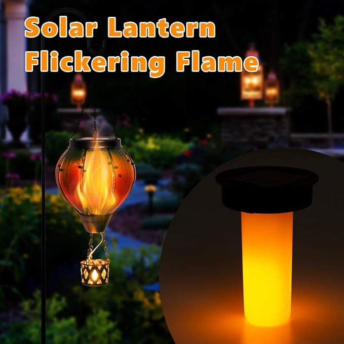 Colorful Solar Hot Air Balloon Lantern with Flame Flickering LED Glass Hanging Solar Lanterns Outdoor Waterproof Hot Air Balloon Lights for Patio Yard Garden DecorMother Day Gifts for Women