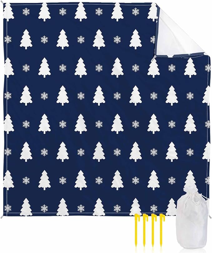 Beach Blanket Waterproof Sandproof Oversized Abstract Christmas Trees Beach Mat with Corner Stakes Sand Pockets Xmas Snowflakes on Blue Outdoor Picnic Mat for Travel Camping Hiking 95x80In
