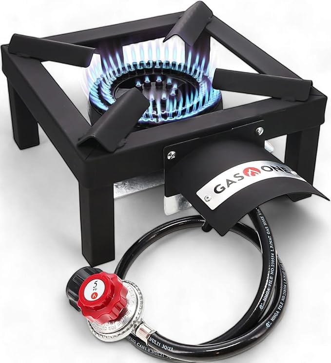GasOne High Pressure Single Propane Burner - Outdoor Cooking with Heat Shield and Guard – Propane Burner Head for Camping Tailgating Seafood Boil Home Brewing - Patent Pending