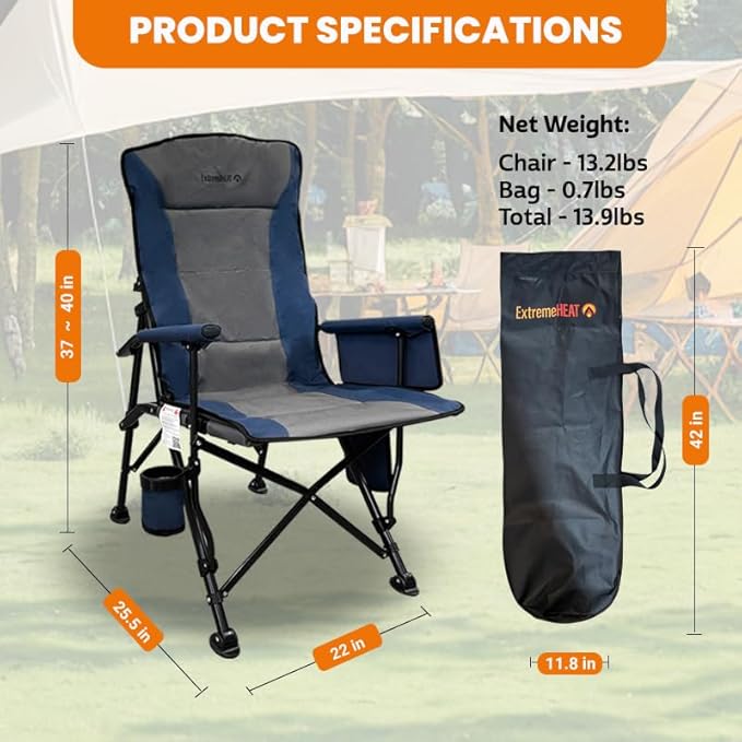 ExtremeHEAT Wireless Heated Camping Chair with 20000mAh Power Bank – Rechargeable Electric Heated Chair for Camping Tailgating &amp Outdoors