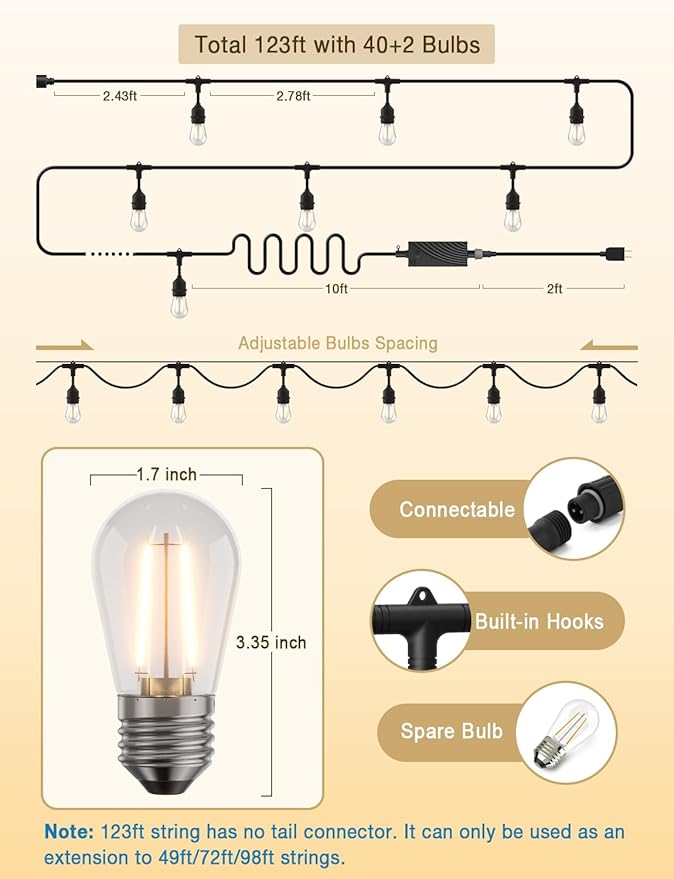 XMCOSY+ Smart Outdoor String Lights 123Ft LED Patio Lights Waterproof IP65 App Control Compatible with Alexa Dimmable Edison Bulbs Outdoor Light for Yard Porch Bistro Outside