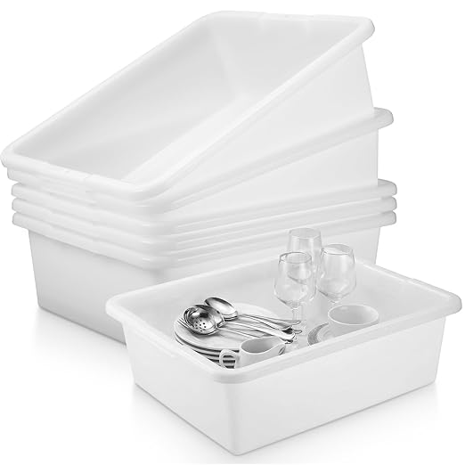 6 Pcs Commercial Bus Tubs 21.1 L x 16.9 w x 6.6 h Large Plastic Tubs Heavy Duty Wash Basin Tote Box for Restaurant Home Hotel Kitchen Organization Storage(White)