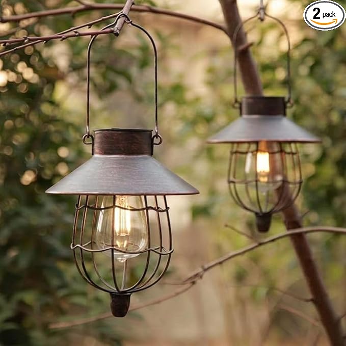 YAKii 2 Pack Solar Lantern Hanging Waterproof Outdoor Metal Solar Lamp with Warm White Light Decorate for Yard Garden Pathway Patio Porch Decor (Antique Copper)